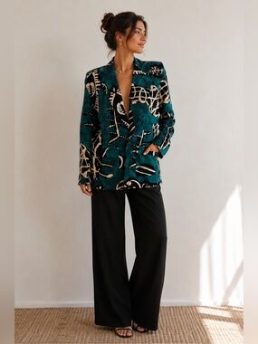 Vintage Teal Abstract Patterned Women's Blazer Jacket
